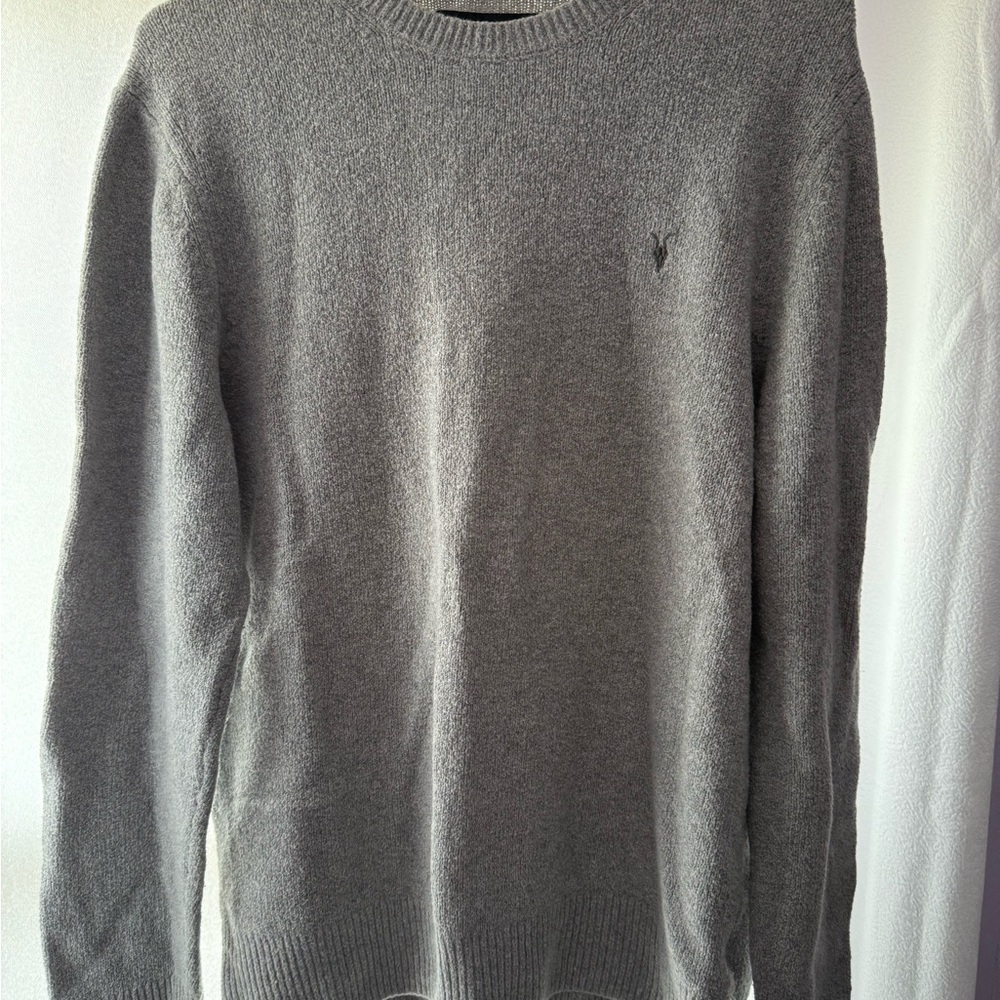 AllSaints Men's Heather Gray Crewneck Sweater with Subtle Logo